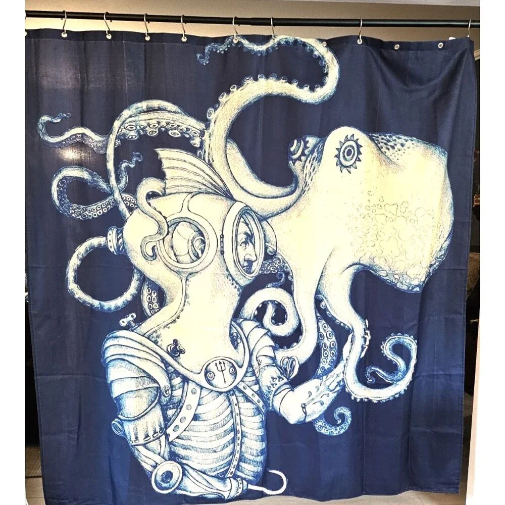 Octopus & Deep Sea Diver Nautical Shower Curtain Navy Ocean Animal Adventure